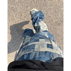 棋盘格拼接牛仔裤男高街潮牌痞帅炸街裤子宽松微喇裤B3155-P45，男装牛仔裤，星座1001-1