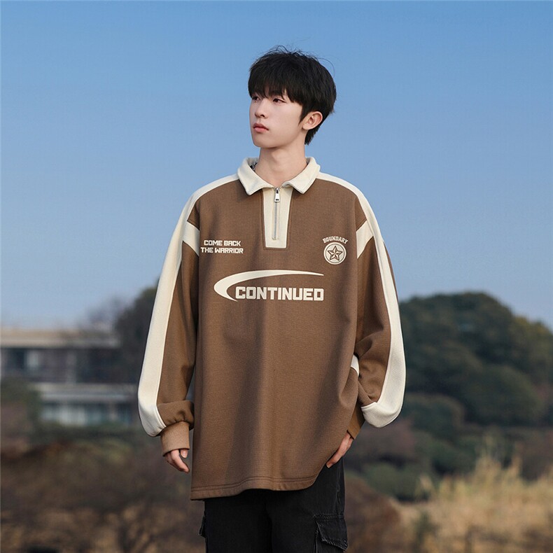 2025港风山系新款字母印花插肩袖翻领长袖卫衣B741P55控78，男装卫衣，电商A247