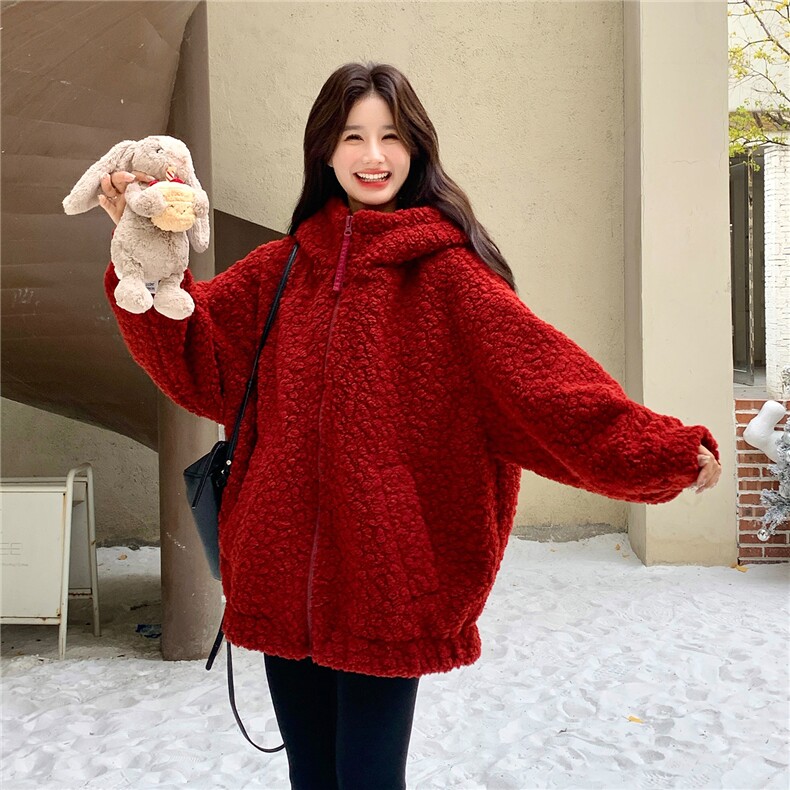 2C085-Q125P225K358新年红羊羔毛中长款外套,女装短外套,2C085