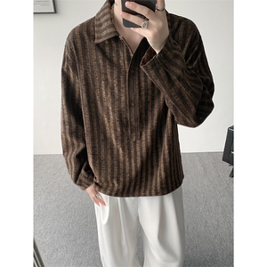 S-3XL 复古条纹半开领长袖衬衫上衣宽松慵懒休闲衬衣男CS534P48图片