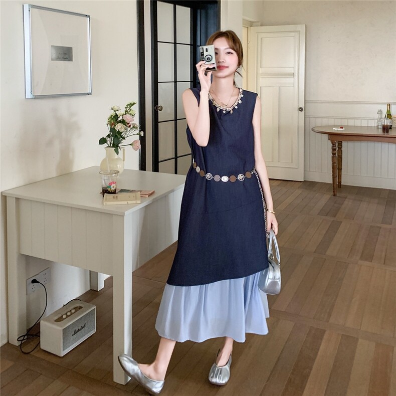 假两件拼接无袖连衣裙女2025夏季新款法式高级感气质显瘦背心长裙,女装连衣裙,2C098