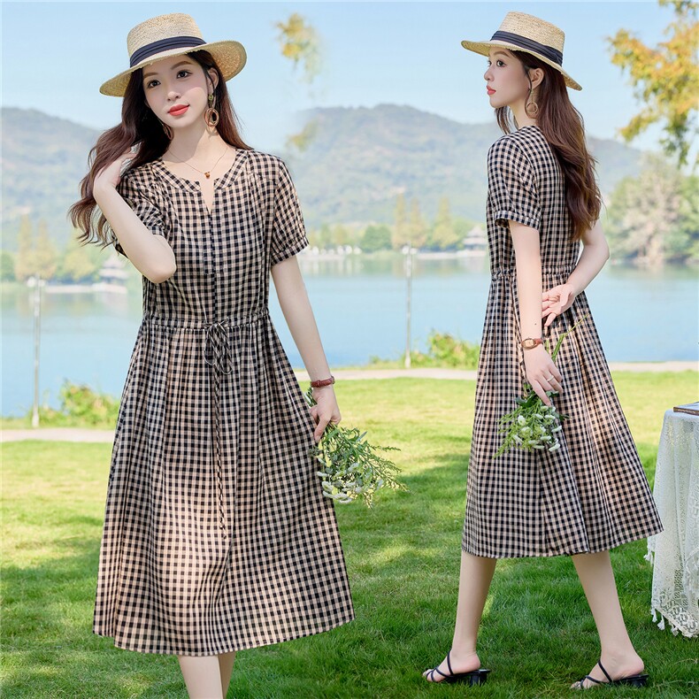 6307时尚V领格纹显瘦连衣裙，女装连衣裙，倪叶myz