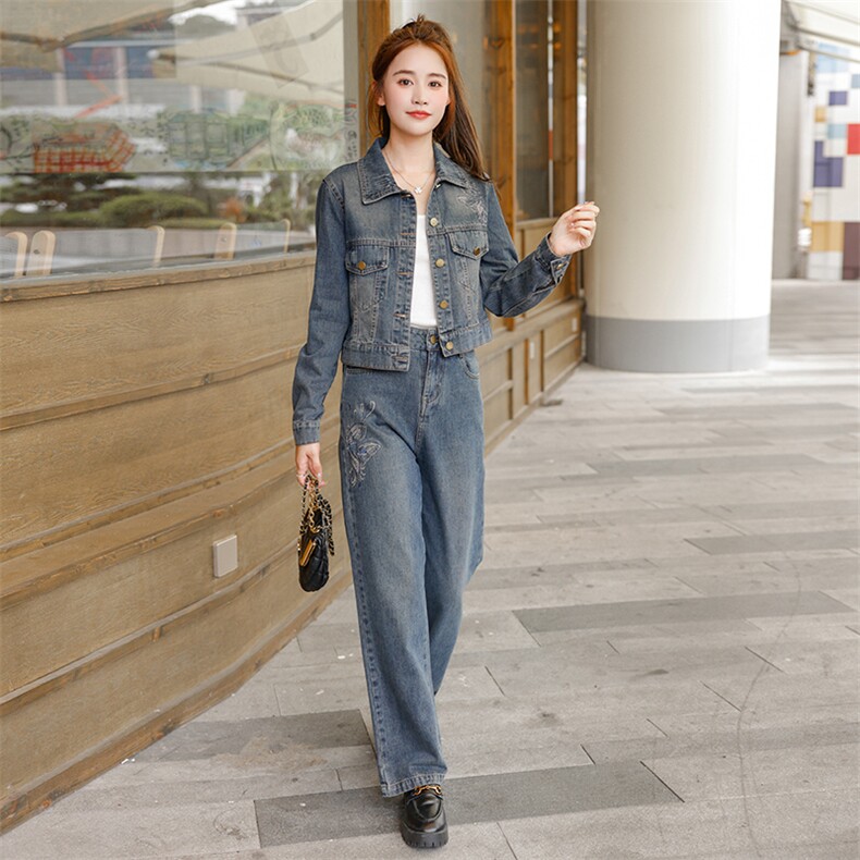 欧洲站牛仔套装女2024春秋新款爆款网红炸街休闲时尚阔腿裤两件套,女装套装/套裙,纯色衣恋