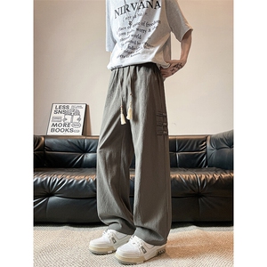 M-8XL新中式风裤子大码盘扣休闲裤直筒垂坠感冰丝长裤KZ1957P45图片