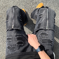 高街重工牛仔裤设计感拉链破洞vibe风潮流直筒裤子男N06038-P50，男装牛仔裤，星座308B-1