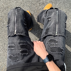 高街重工牛仔裤设计感拉链破洞vibe风潮流直筒裤子男N06038-P50图片