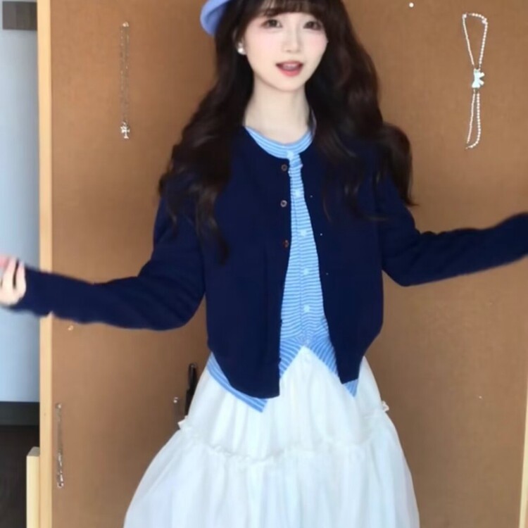 2025秋冬纯色开衫拼接假两件毛衣女宽松美式学院风针织外套,男装针织衫/毛衣,星座218-8
