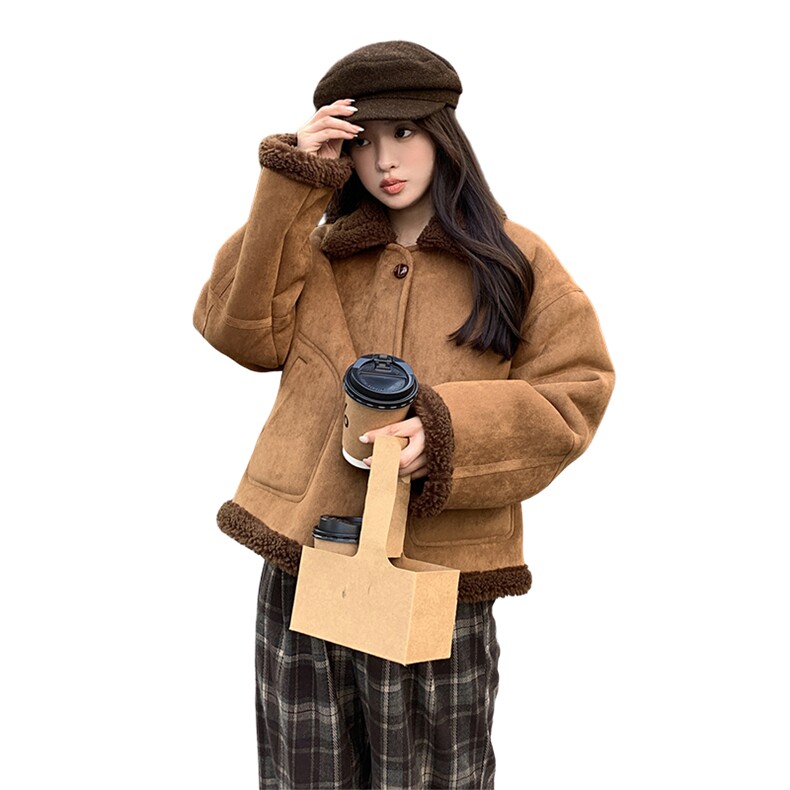 时尚棕色麂皮绒皮毛一体短款上衣P195,女装棉衣/棉服,2C291