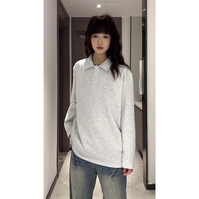 抖音得物高品质美式高街重磅曼巴棉结构螺纹拼接翻领卫衣长袖T恤,男装T恤,电商A486