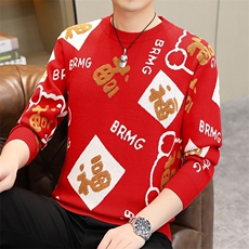 1506-1/MMY21181/P92红色福字毛衣男秋冬季加厚款高级感针织衫男，男装针织衫/毛衣，星座1506-1