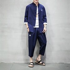 中国风大码套装复古刺绣七分袖衬衫唐装宽松棉麻休闲裤TZ073/P100，男装套装，电商A008