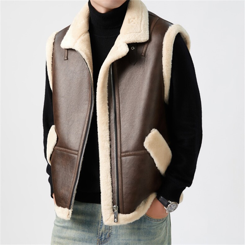 2025冬季轻奢男士皮毛一体加绒毛领加厚保暖马甲宽松休闲通勤马甲，男装棉衣，钱塘723