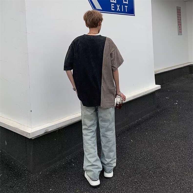 重磅不规则鹿皮绒短袖T恤男夏季休闲宽松拼接撞色设计感半袖,男装T恤,星座506
