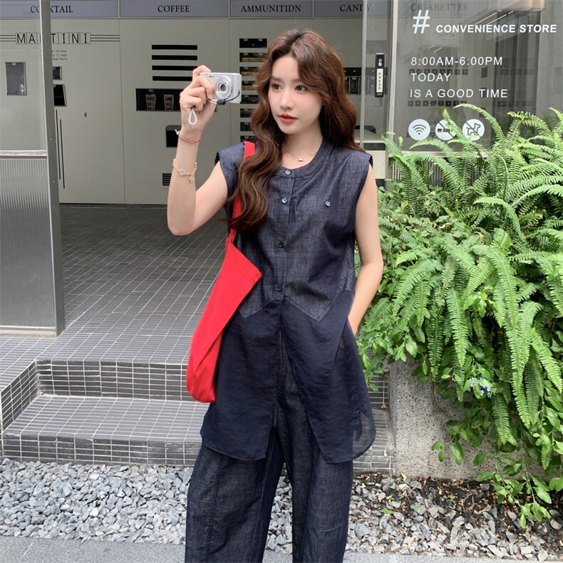 蓝色马甲阔腿裤两件套女2025年夏季新款时尚直筒高腰减龄显瘦套装,女装套装/套裙,2C170