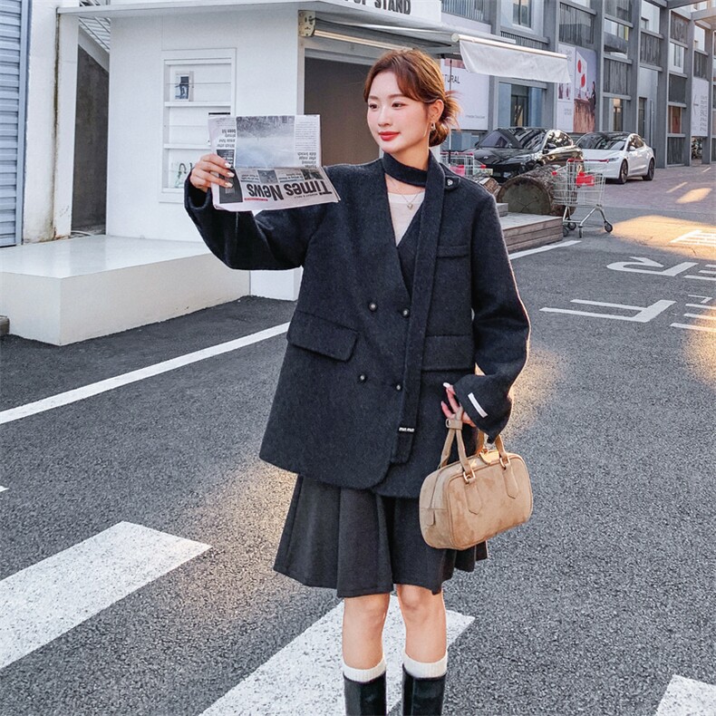 韩系黑色收腰双面呢羊毛西装外套女秋冬2025新款气质高级感大衣,女装毛呢外套,2B187