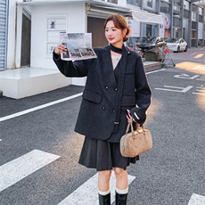 韩系黑色收腰双面呢羊毛西装外套女秋冬2025新款气质高级感大衣，女装毛呢外套，2B187