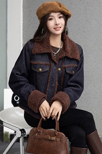 现货复古羊羔毛棉衣外套女2024冬新款韩版时髦加绒加厚牛仔棉服图片