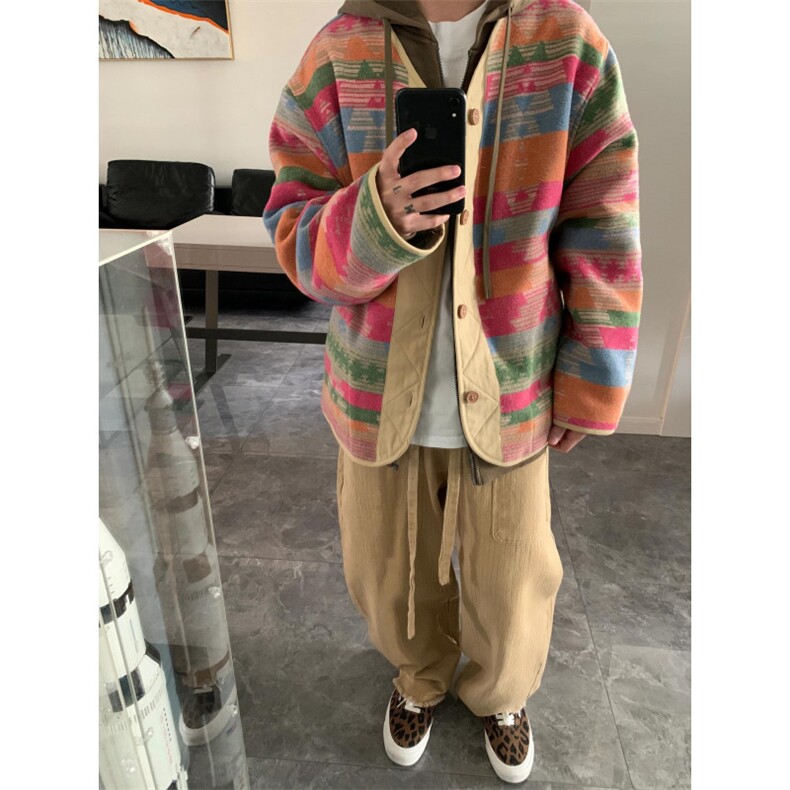 【有货】复古宽松民族风撞色V领彩虹夹克外套男3106CC-特P65,男装民族服装,星座1007（原301D）