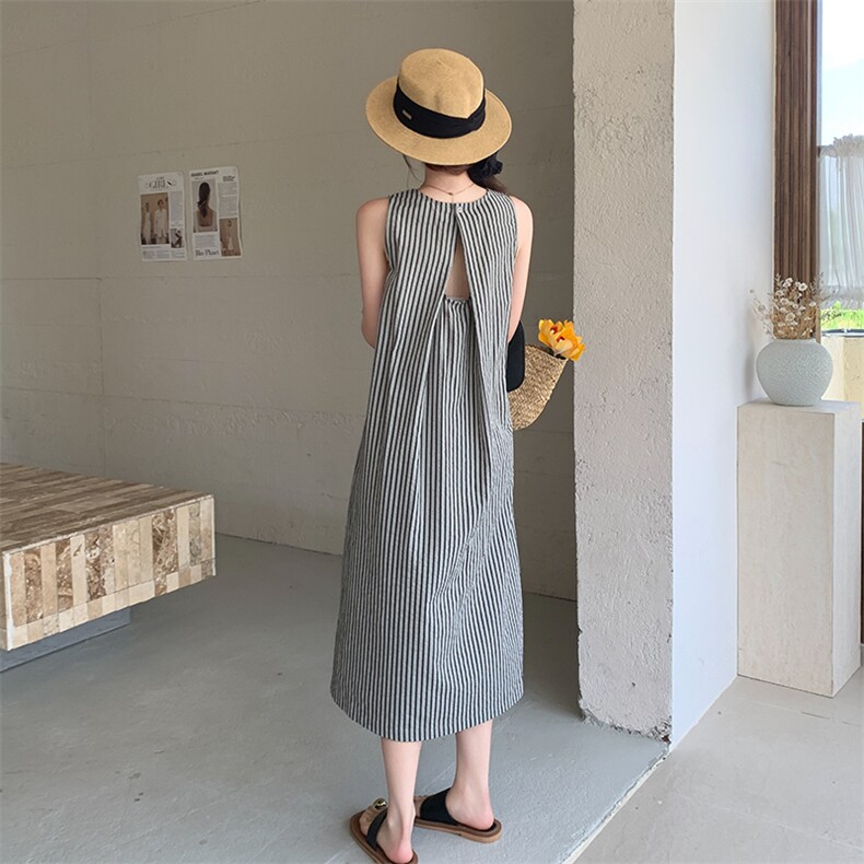 后背镂空无袖条纹连衣裙女夏2025新款高级感减龄小个子森系长裙,女装连衣裙,浙宝220