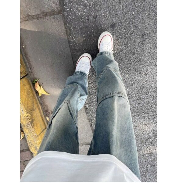 美式拼接感vibe高街直筒牛仔裤vintage复古水洗设计感街头风裤子图片