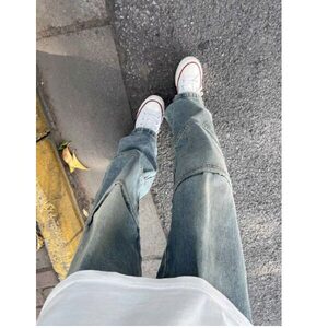 美式拼接感vibe高街直筒牛仔裤vintage复古水洗设计感街头风裤子图片
