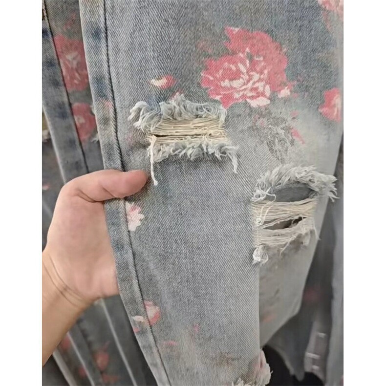 美式高街花卉牛仔裤 破洞乞丐微喇休闲弯刀裤直筒裤GJ156 P40特图片