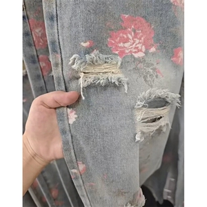 美式高街花卉牛仔裤 破洞乞丐微喇休闲弯刀裤直筒裤GJ156 P40特图片
