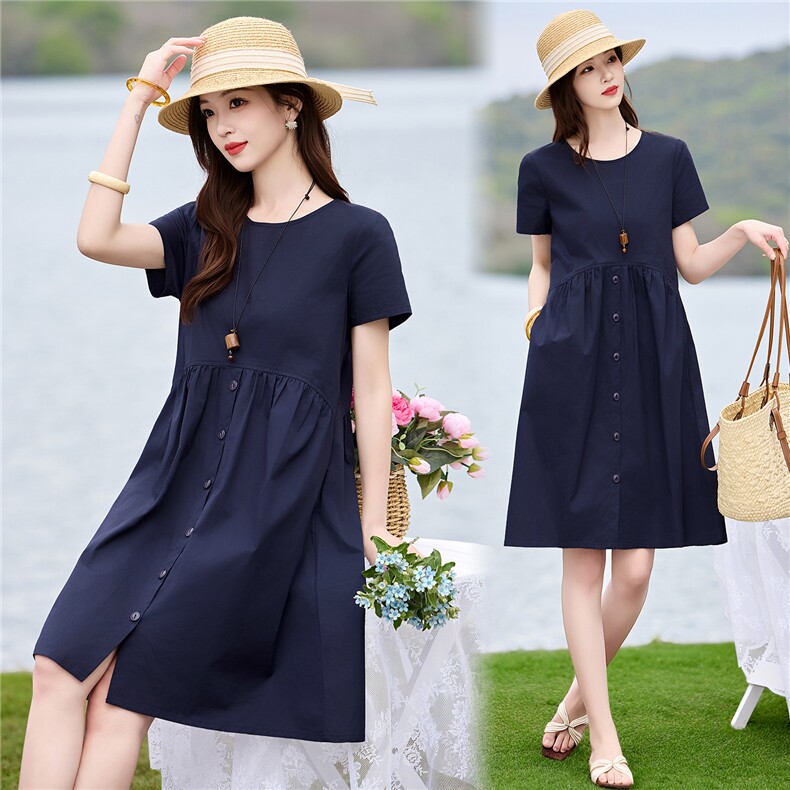 现货2026夏装新款时尚设计感遮肚子纯棉短袖连衣裙，女装连衣裙，姿衣坊