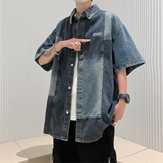 接拼牛仔短袖衬衫男美式复古小众衬衣夏季休闲宽松上衣服SH45-P53，男装衬衫，星座1008