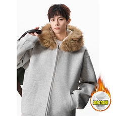 480G重磅加绒硬挺boxy秋冬美式高街超大毛领座山雕连帽卫衣厚外套，女装短外套，电商A486