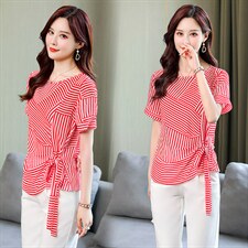 2021夏季新款简约时尚气质圆领条纹系带收腰小衫，女装衬衫，超帛
