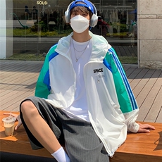 港风夏季潮流宽松撞色连帽外套防晒服男F6601P55控68，男装防晒衣，电商A268A