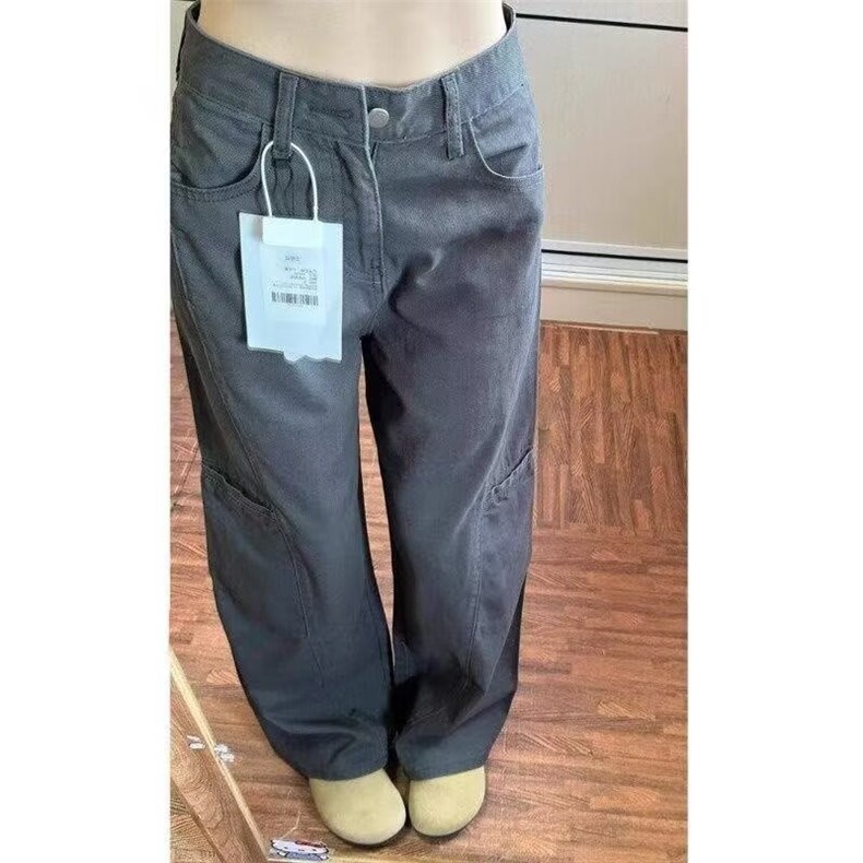 DS730-批50美式复古灰色阔腿牛仔工装裤图片