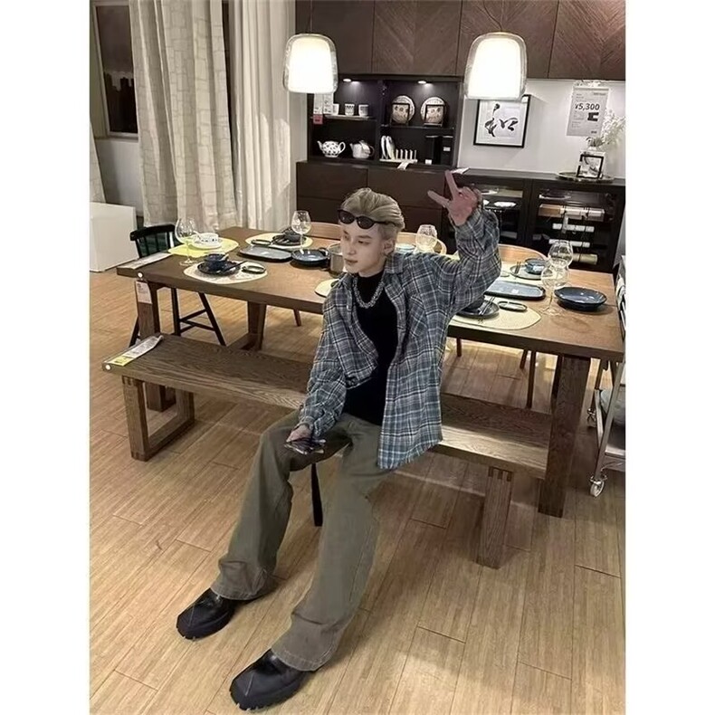 2026新款美式复古西海岸格纹格子衬衫男女长袖春季破坏风毛边外套,男装衬衫,星座715-4