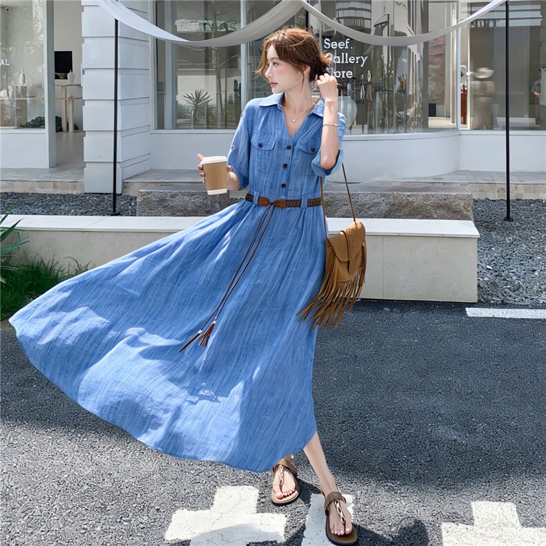 《档口现货26夏上新》气质三色天丝亚麻透气舒适连衣裙配腰带女,女装连衣裙,时尚风爆