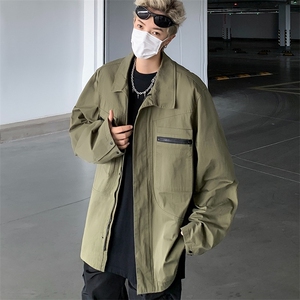 春秋美式chic外套男复古工装夹克军绿色设计感口袋棒球服潮牌图片