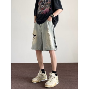 夏款男破洞牛仔短裤开叉拉链渐变色短裤D6 P45图片