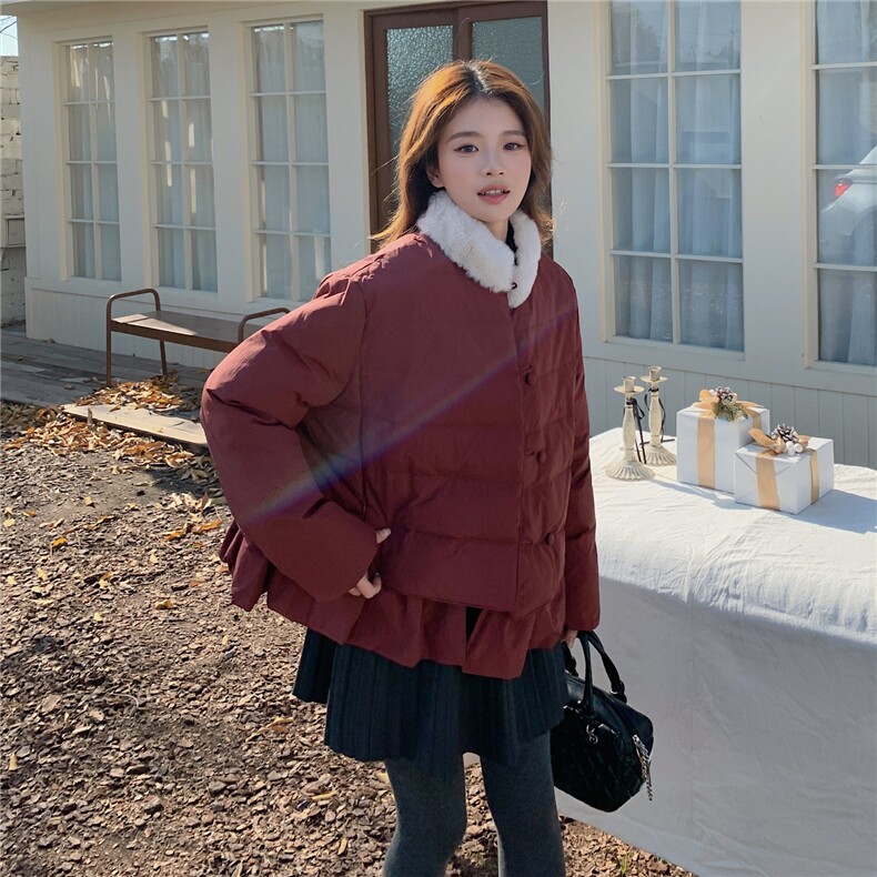 韩版短款羽绒服女2025冬季新款今年流行毛领收腰保暖外套酒红色,女装羽绒服,艾米莉亚