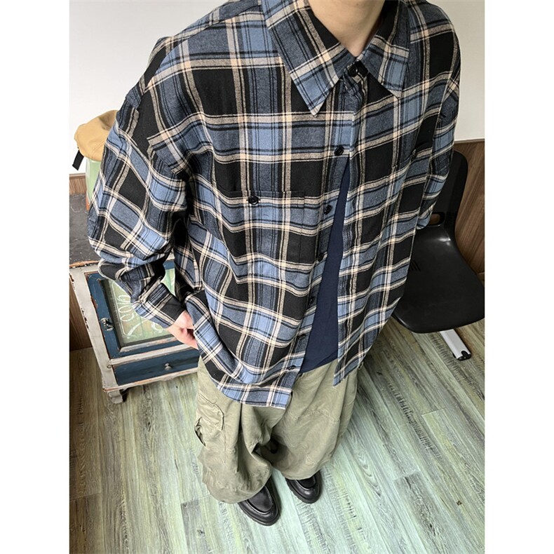 高质荃棉复古男咖蓝撞色格纹格子廓形宽松衬衫C3023,男装衬衫,星座1116A（原606A-3）