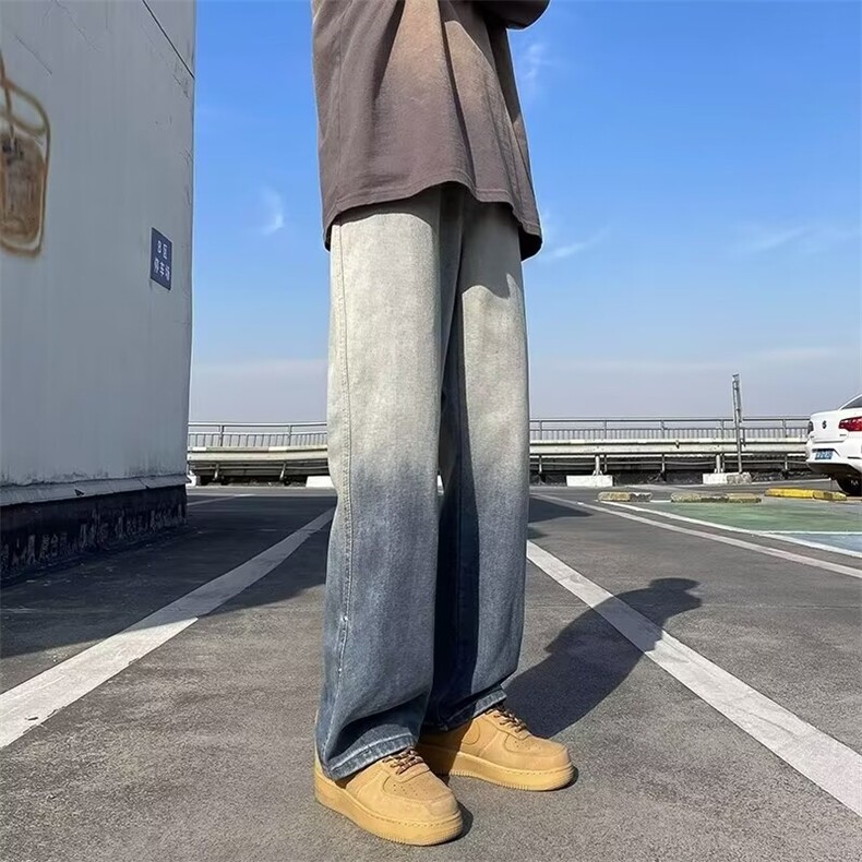 渐变牛仔裤男款vibe高街阔腿裤子潮牌复古美式卷边垂感直筒裤,男装牛仔裤,星座410-7