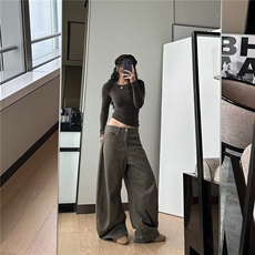 美式阔腿褶皱弯刀裤男夏季潮牌复古工装裤子cleanfit显瘦高腰裤子，男装牛仔裤，星座1210-1