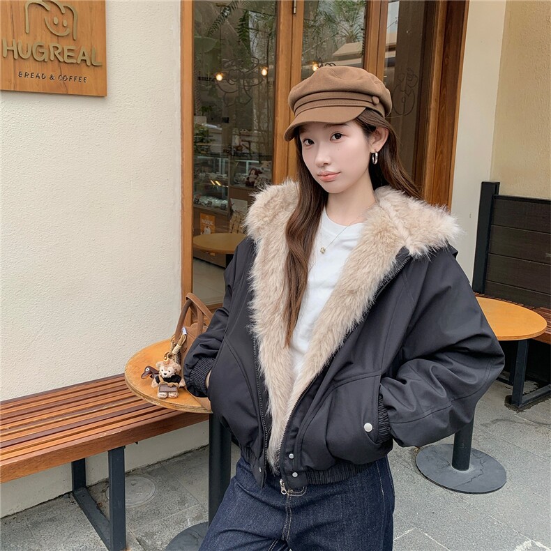 潮座山雕毛绒连帽棉服男女2025冬季美式cleanfit设计感加厚棉衣图片