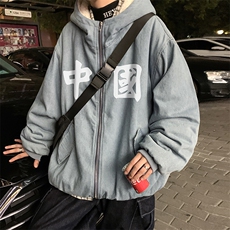 高品质休闲连帽牛仔字母情侣羊羔毛棉衣潮A161-2-MY519-P145，男装棉衣，电商A161-2