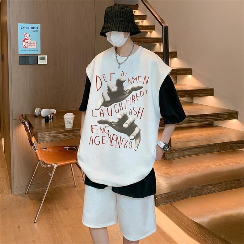 直播美式麂皮绒宽松背心无袖t恤短裤大码两件套套装TZ34-P58,男装T恤,电商A486