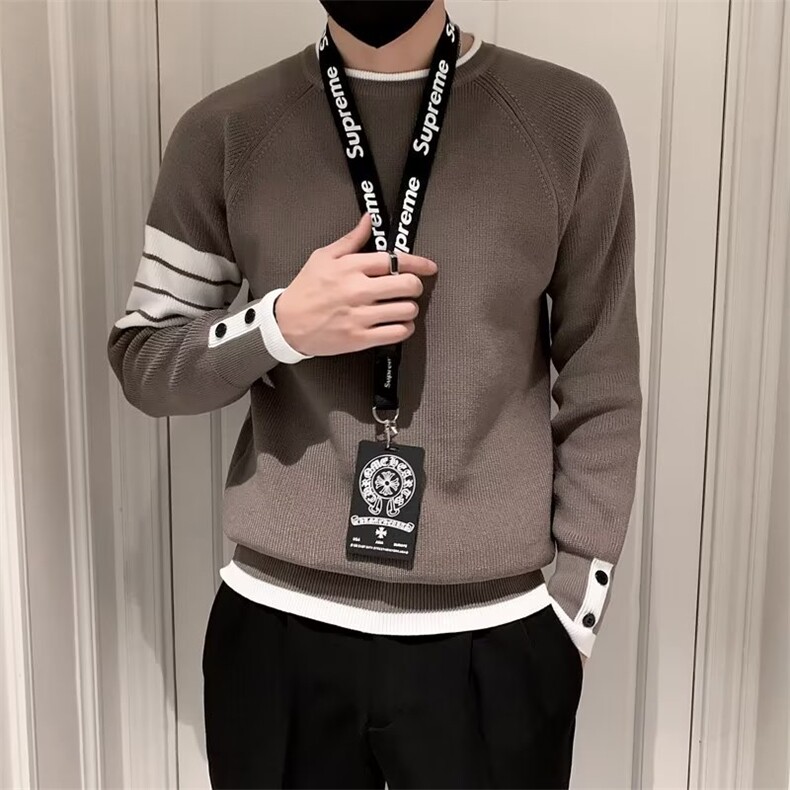 高级感黑色毛衣男潮牌痞帅针织衫新款秋冬季潮流假两件打底衫S550图片