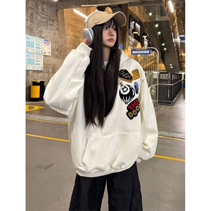 原创美式刺绣植绒徽章加绒连帽卫衣男女宽松加厚高街上衣 W1040图片