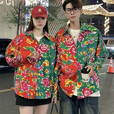 PC203情侣休闲东北大花拼接长袖衬衫外套男女宽松寸衣汉服演出服，男装衬衫，星座115A(原星座507）