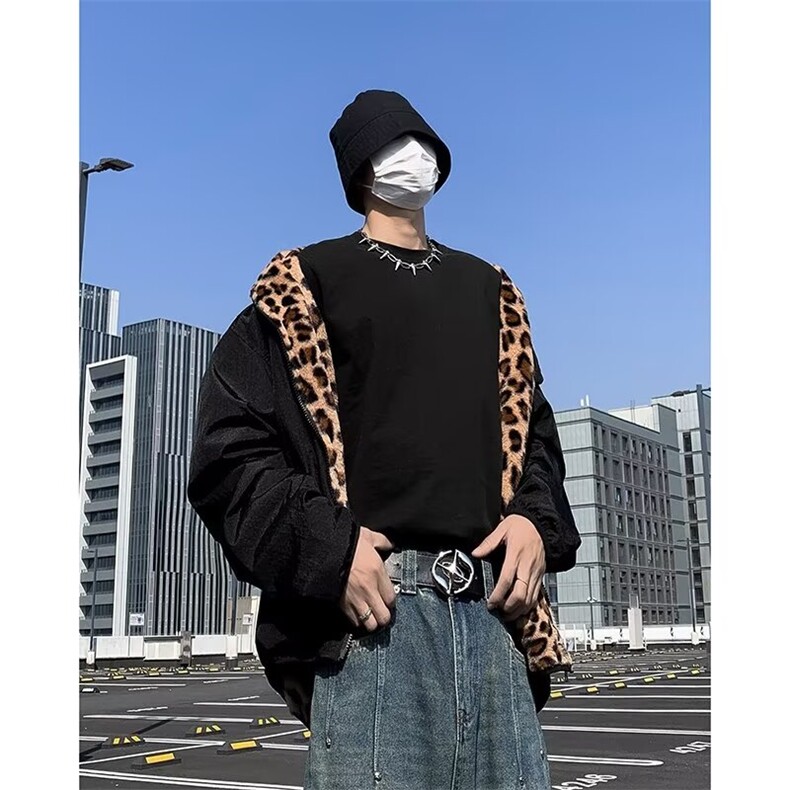 美式复古情侣装豹纹棉服双面穿外套保暖潮牌欧美街头秋冬新款棉衣,男装夹克,星座506