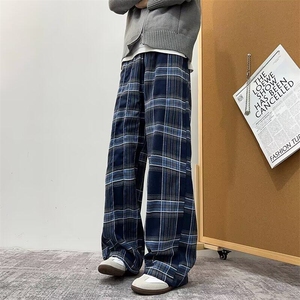 复古格子裤子男秋冬宽松直筒显瘦休闲裤窄版阔腿裤KG111