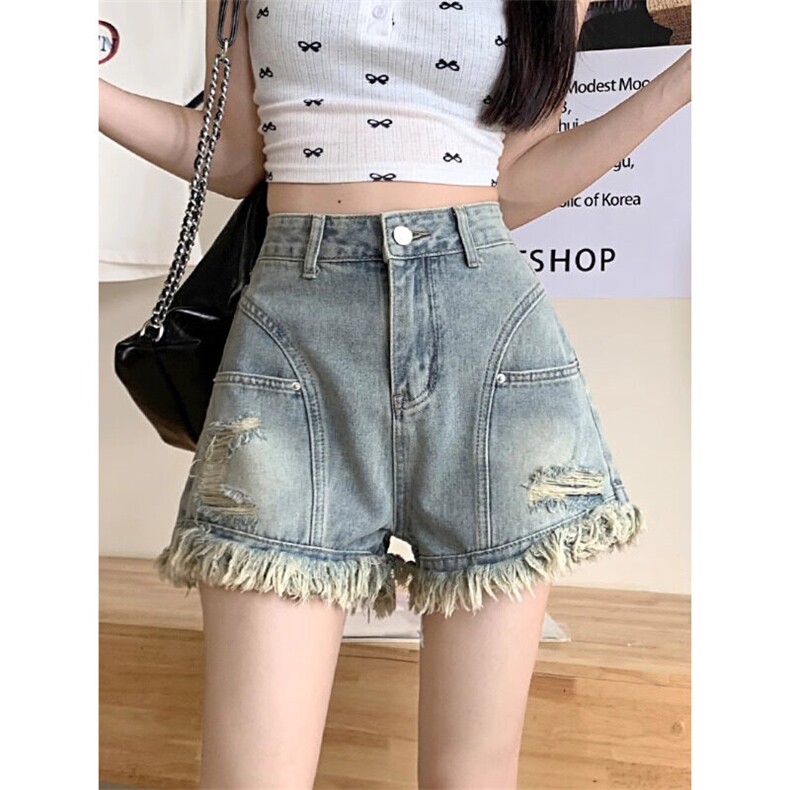 美式复古磨毛毛边女牛仔短裤2025春夏季新款设计感宽松显瘦，女装牛仔裤，星座506
